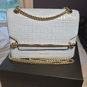 Strathberry White Croc-Embossed Crossbody Bag with Gold Chain